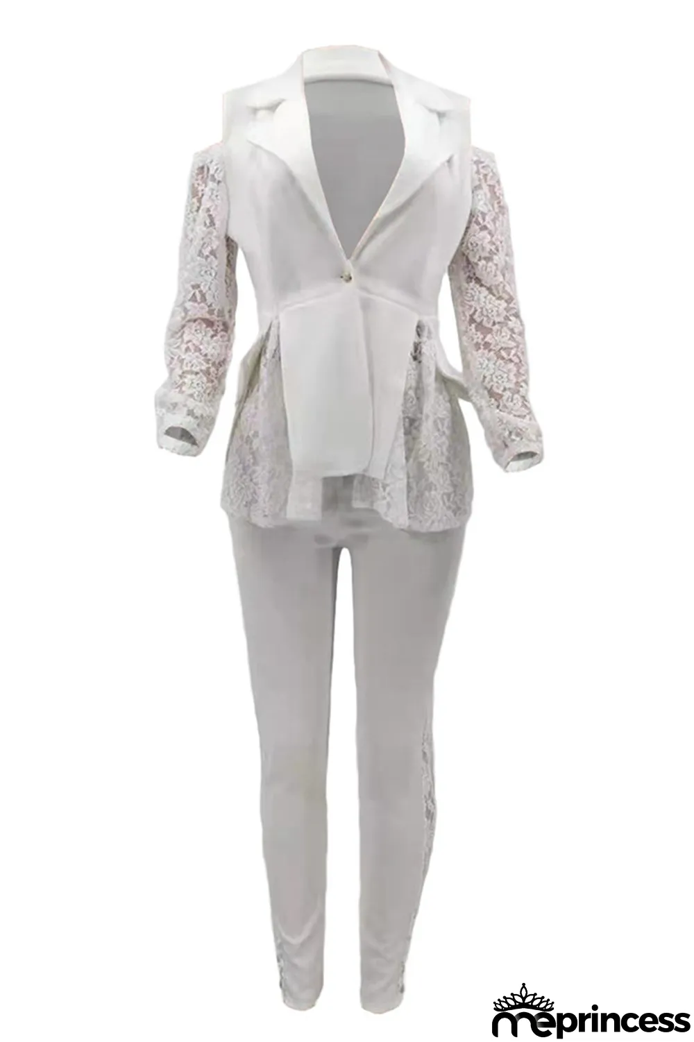 White Fashion Casual Patchwork Hollowed Out Turndown Collar Long Sleeve Two Pieces
