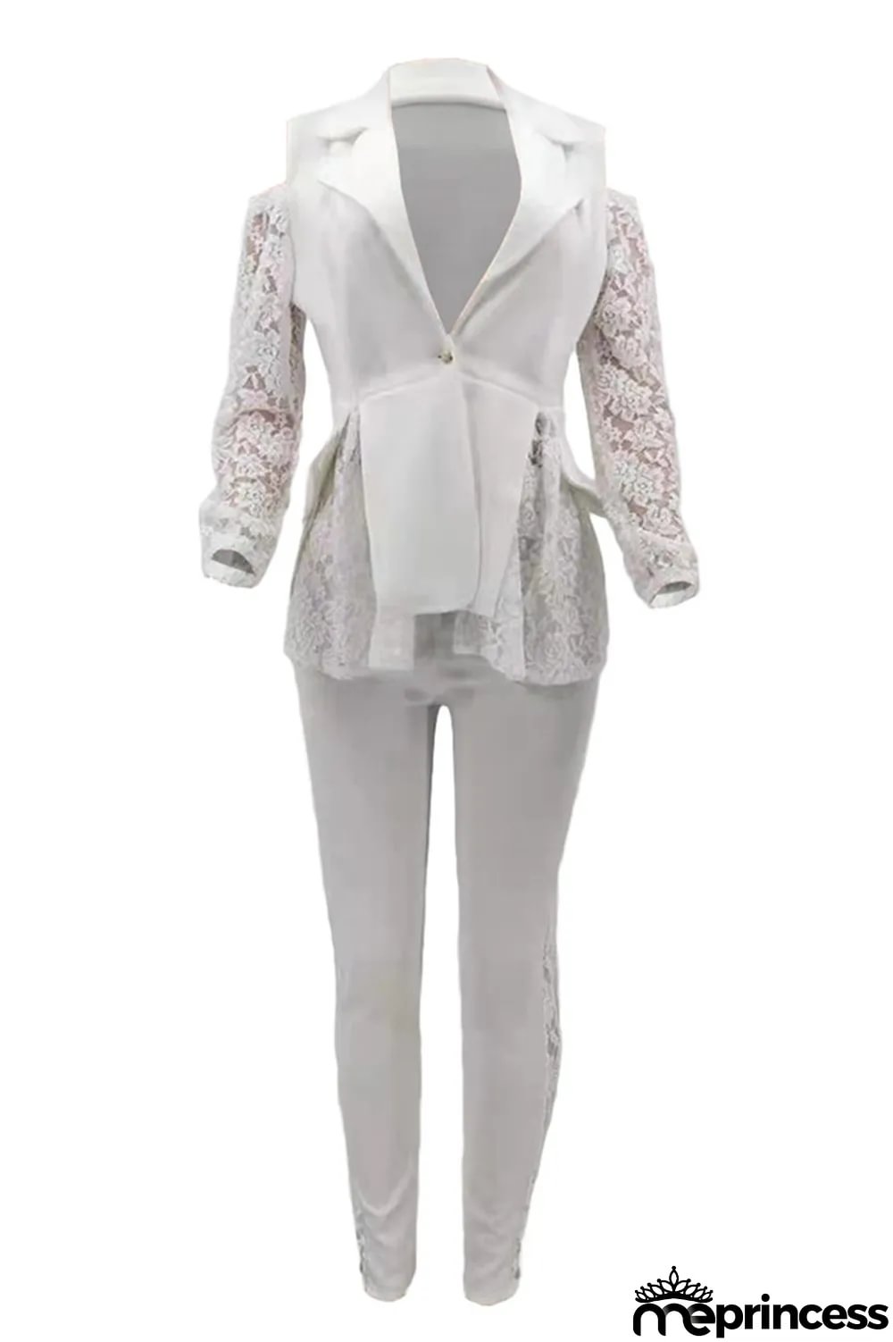 White Fashion Casual Patchwork Hollowed Out Turndown Collar Long Sleeve Two Pieces