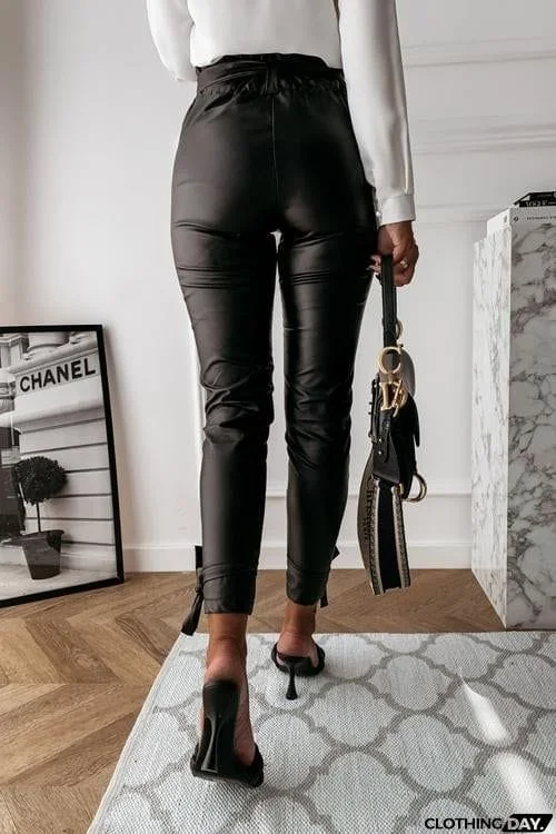 Bow Tie Slim PU Pants
