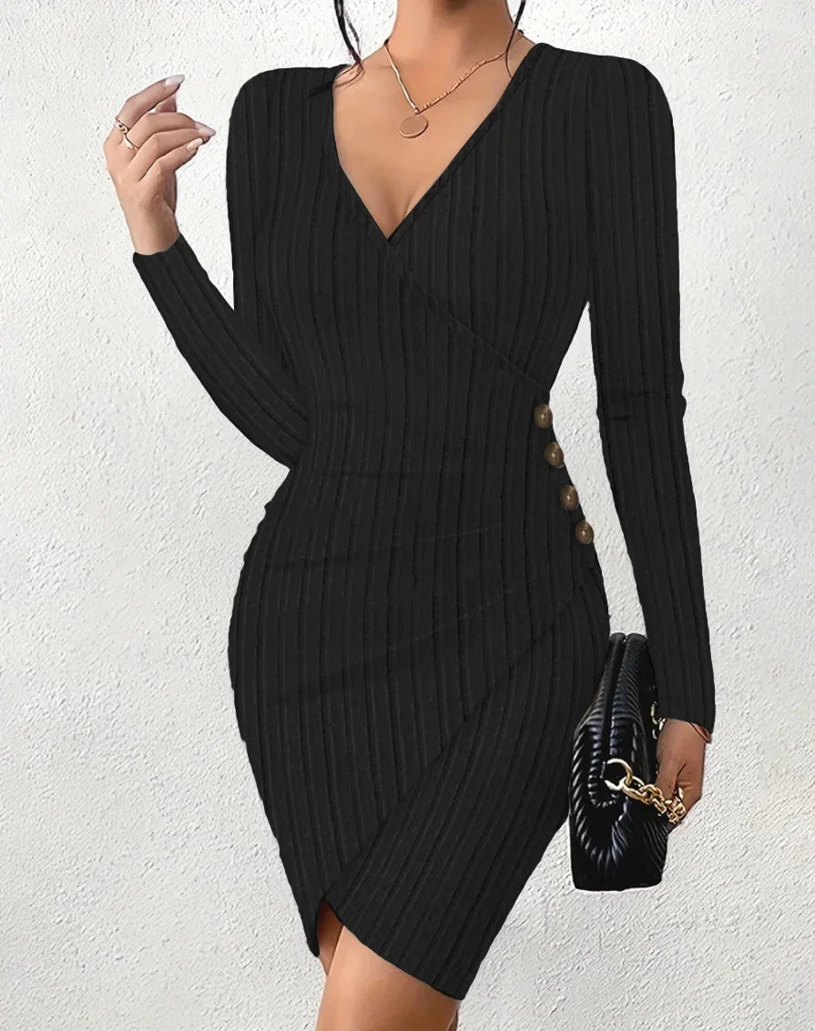 Oocharger Slim Office Lady Dress Sexy V-neck Slit Knitted Package Hip Dress For Women Autumn Winter Long Sleeve Bodycon Dresses