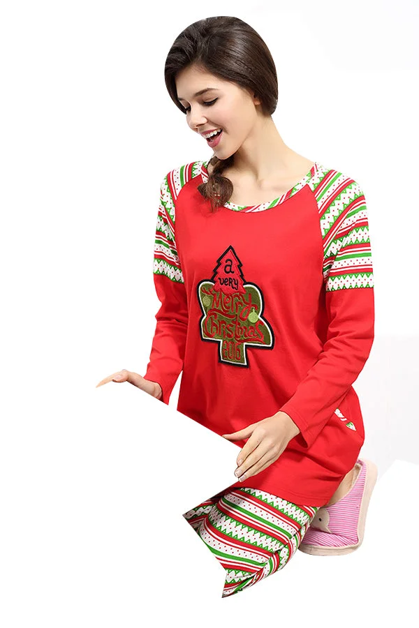 Womens Long Sleeve Striped Christmas Tree Printed Pajama Set Dark Red-elleschic