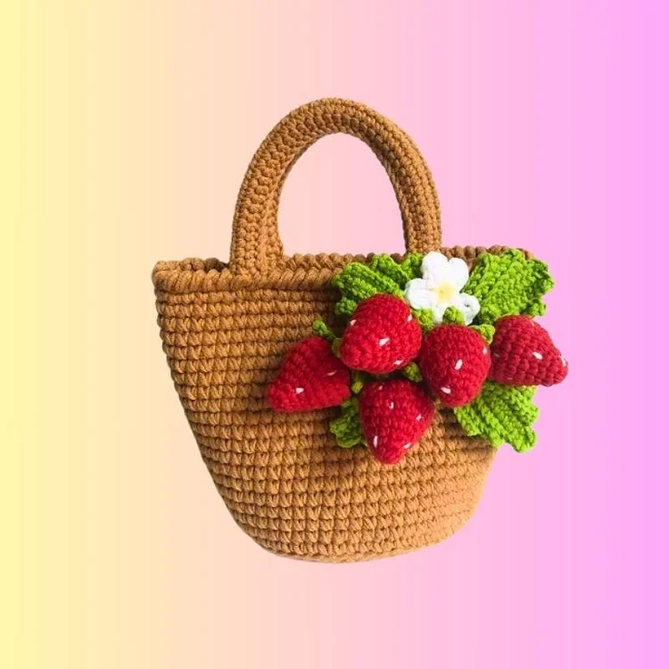 Lulusnow Handmade Khaki Strawberry tote Crochet Hand Bag