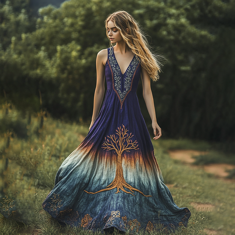 Viking Tree Of Life Contrast Color Belt Maxi Dress