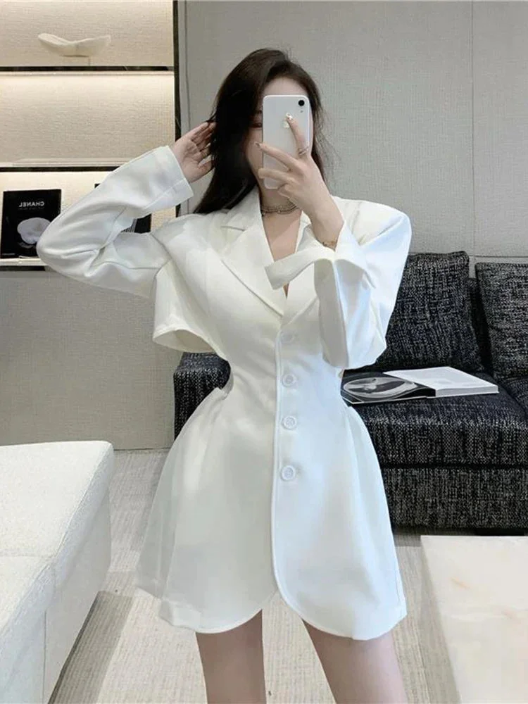 Huiketi High Waist Women Dress Blazers Korean Elegant Office Ladies Single Breasted Tunic Suit Jacket Sexy Hollow Out Vestidos