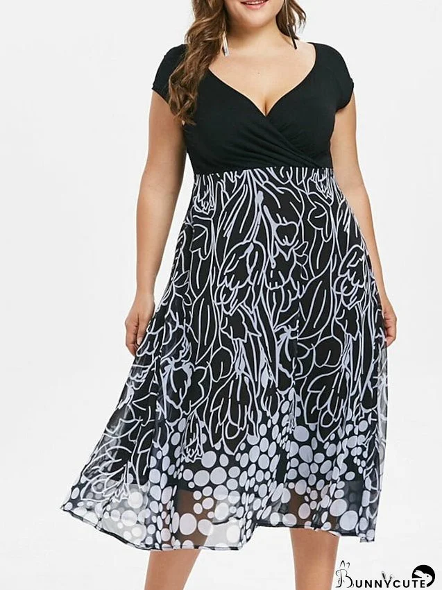 Plus Size Party Dress Graphic V Neck Print Short Sleeve Spring Fall Work Casual Prom Dress Midi Dress Casual Daily Dress Homecoming Dress for Women