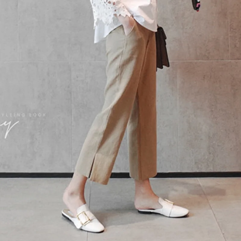 Uveng Uveng Chic Broad Leg Pants Women's Summer 2024 Korean Version Of High-Waisted Open-Fork Casual Cotton-Drall Nine-Point Straight Trousers