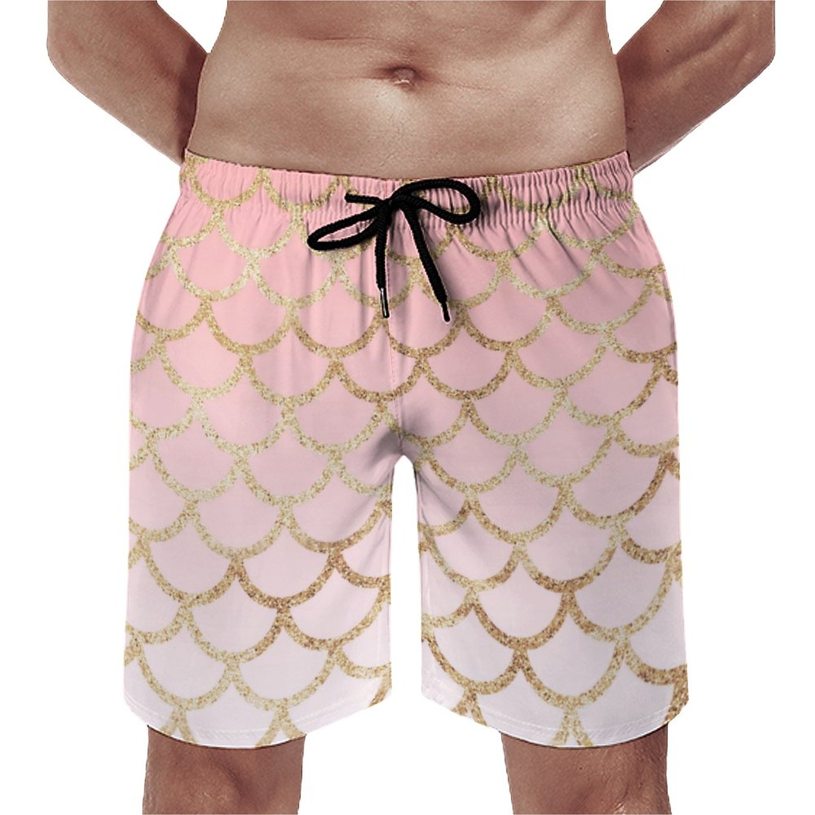 Glam Girly Pink White Gold Ombre Mermaid Pattern Elegant Men's Swim Trunks Summer Board Shorts Quick Dry Beach Short with Pockets