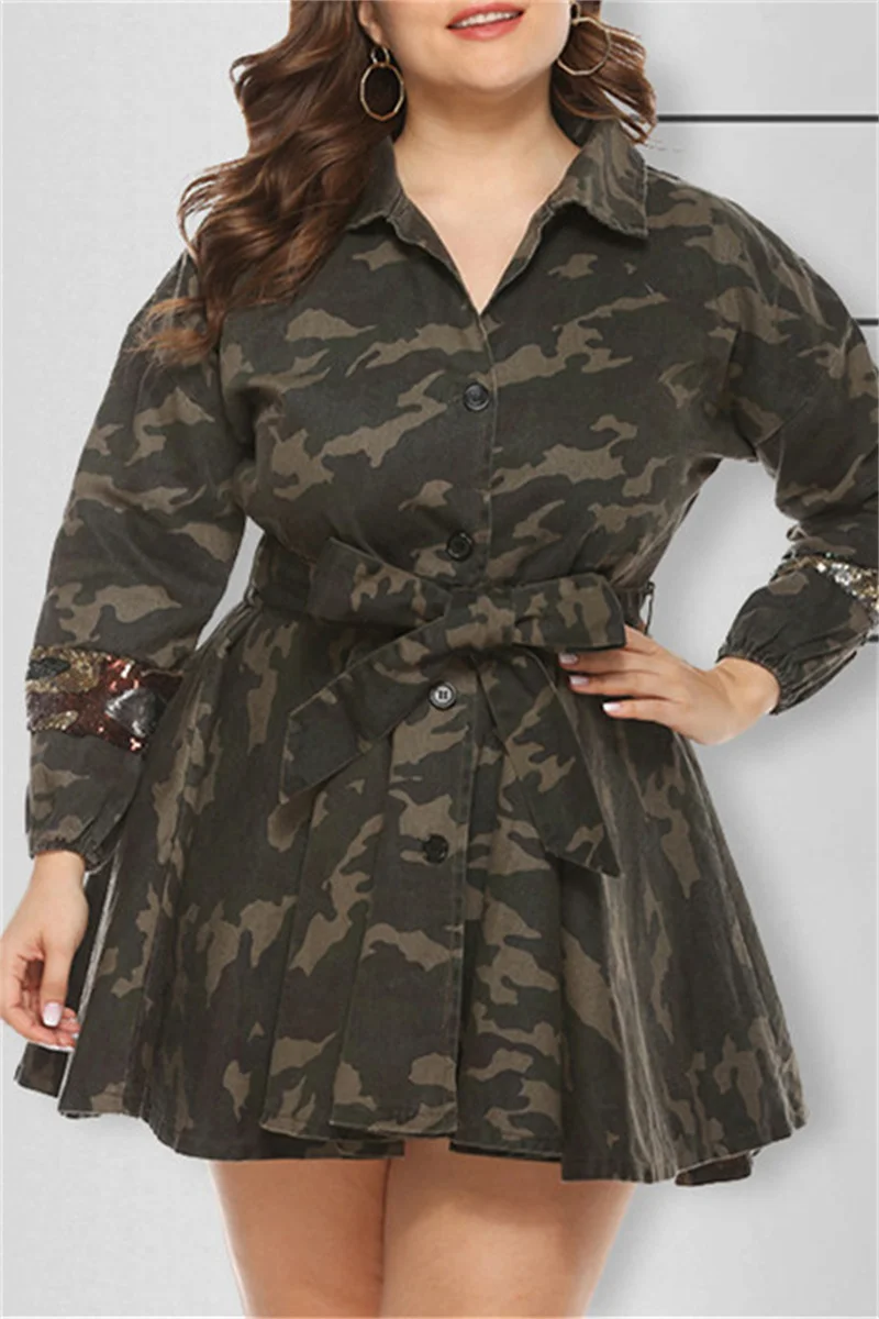 Camouflage Fashion Camouflage Print Sequins Split Joint Turndown Collar Long Sleeve Plus Size Dresses