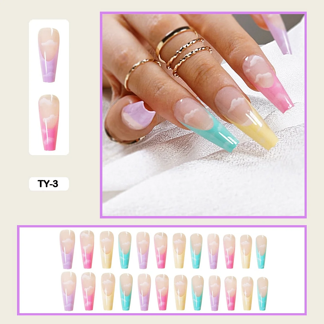 24pcs/box Long Trapezoid Fake Nails Geometric Simplicity Personality Graffiti Animal Pattern Nail Art Nails Press on With Glue-Nail Inspo