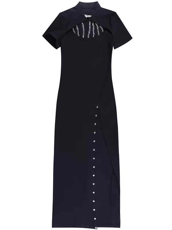 Gothic Dark Short Sleeve Cutout Mock Neck High-slit High-rise Max Dress