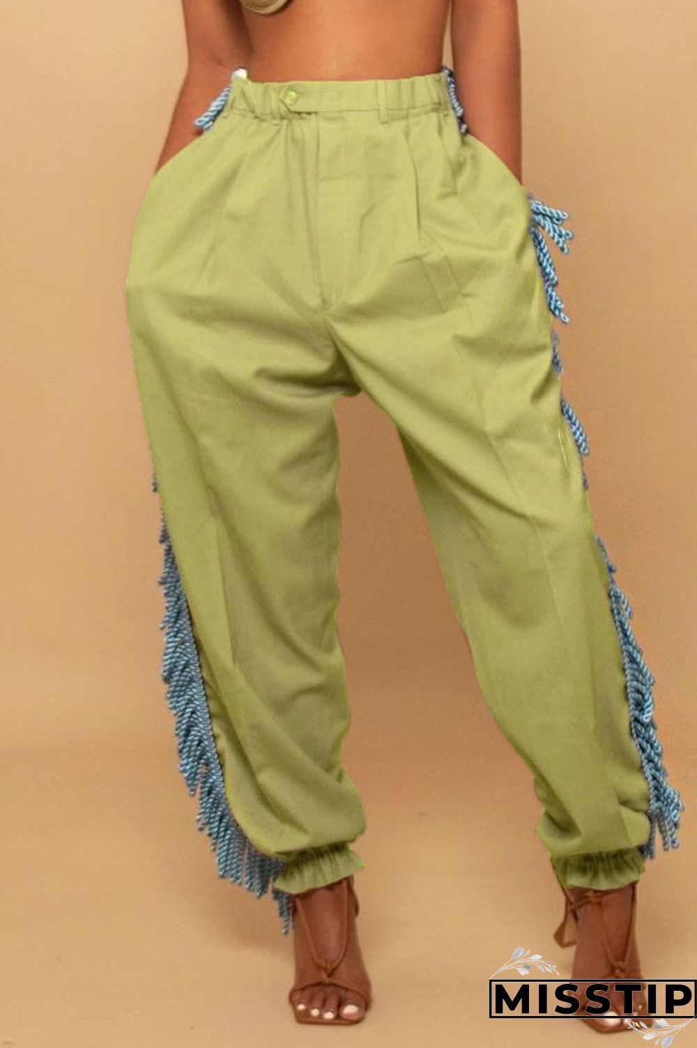 Black Casual Solid Tassel Patchwork Loose High Waist Pencil Solid Color Bottoms