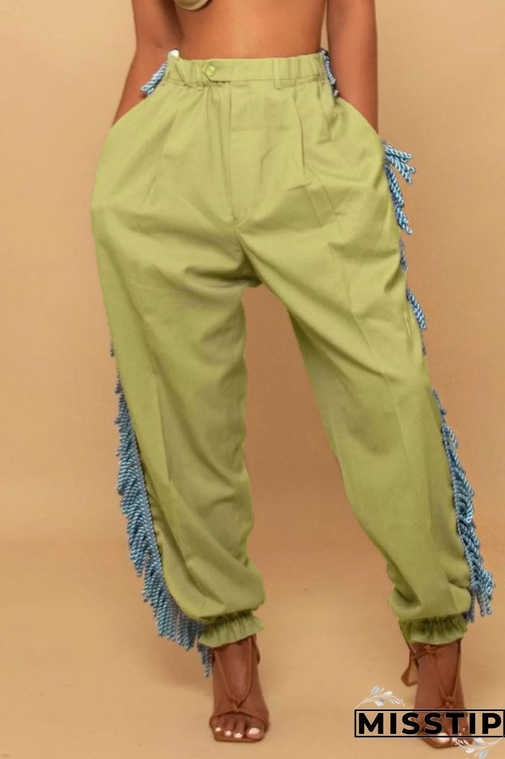 Black Casual Solid Tassel Patchwork Loose High Waist Pencil Solid Color Bottoms