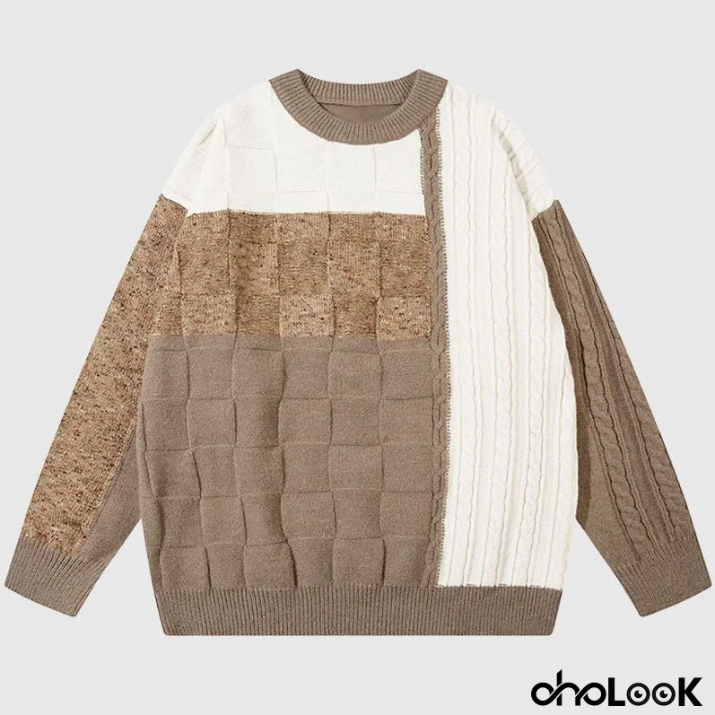 Twisted Design Patchwork Knit Pullover