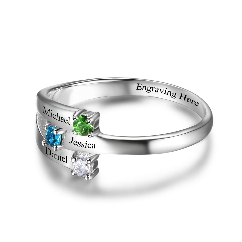 925 Sterling Silber Ring mit 3 Namen und 3 Geburtssteinen mit Gravuren n3-b3-t1 Kettenmachen