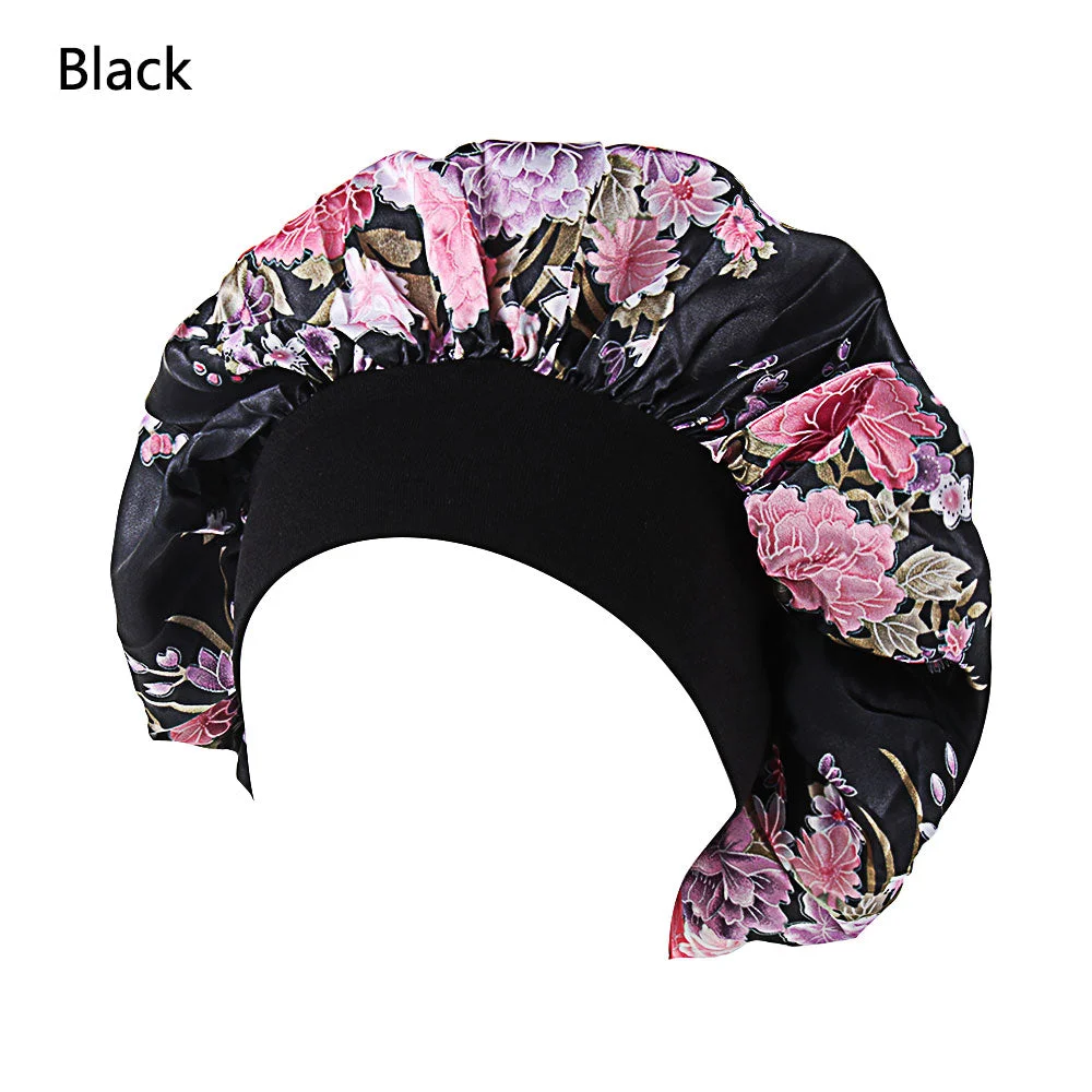 Printing Satin Bonnet For Women Elastic Wide Band Night Sleep Satin Hat Chemo Caps Hair Loss Cover Fashion Head Wrap Hair Care