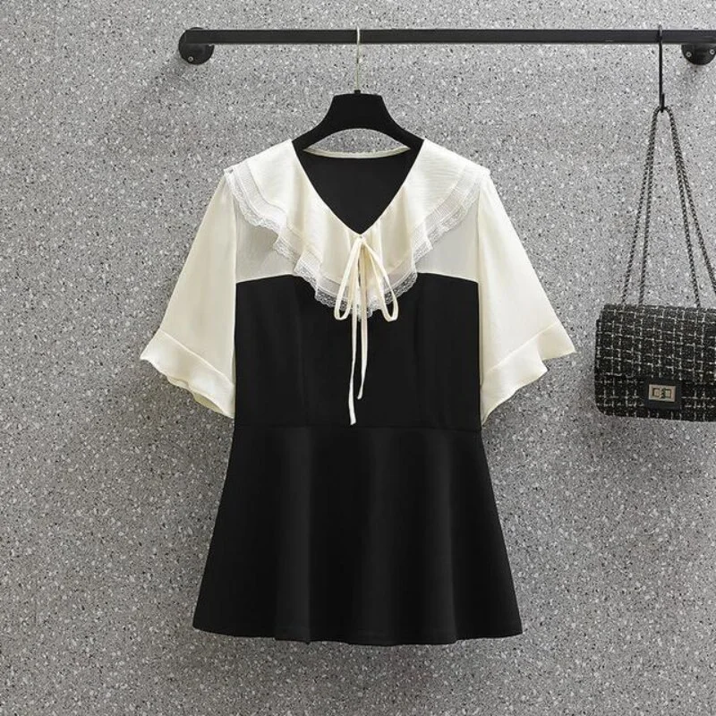 Jangj Collar Fake Two Piece Chiffon Shirt Spring Summer Korean Style Blouse Short Sleeve Black and White Stitching Long Shirt