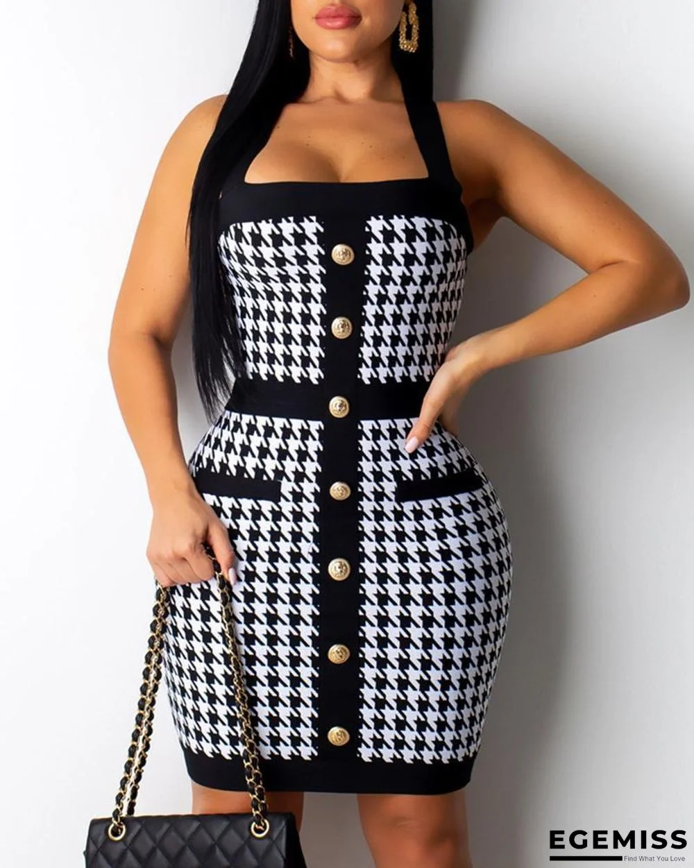 Halter Houndstooth Buttoned Bodycon Dress | EGEMISS