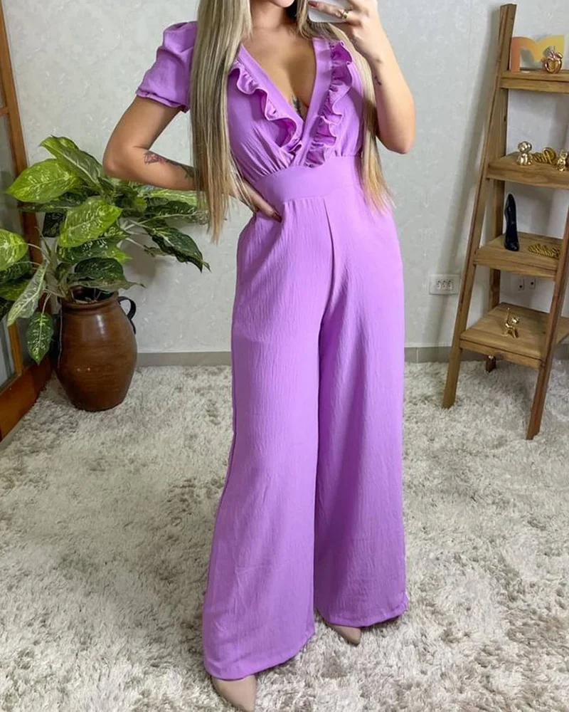 Ruffled V-Neck Solid Jumpsuit