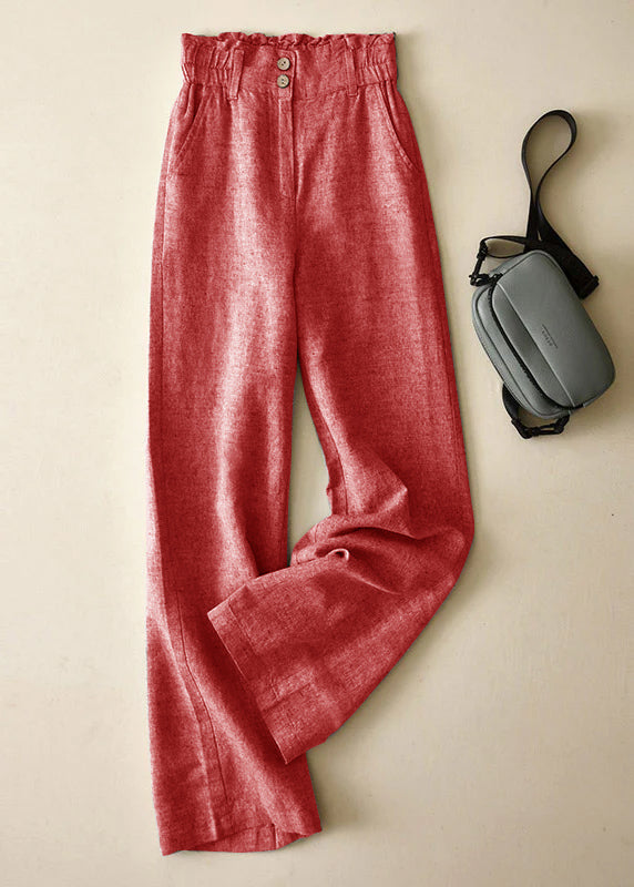 VCSHOES Red High Waist Button Linen Straigh Pants Summer