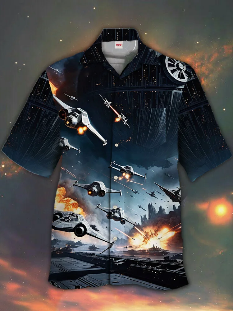 Eye-Catching Sci-Fi Background Space War Spaceship Fleet Poster Printing Cuban Collar Hawaiian Short Sleeve Shirt BestDVibe