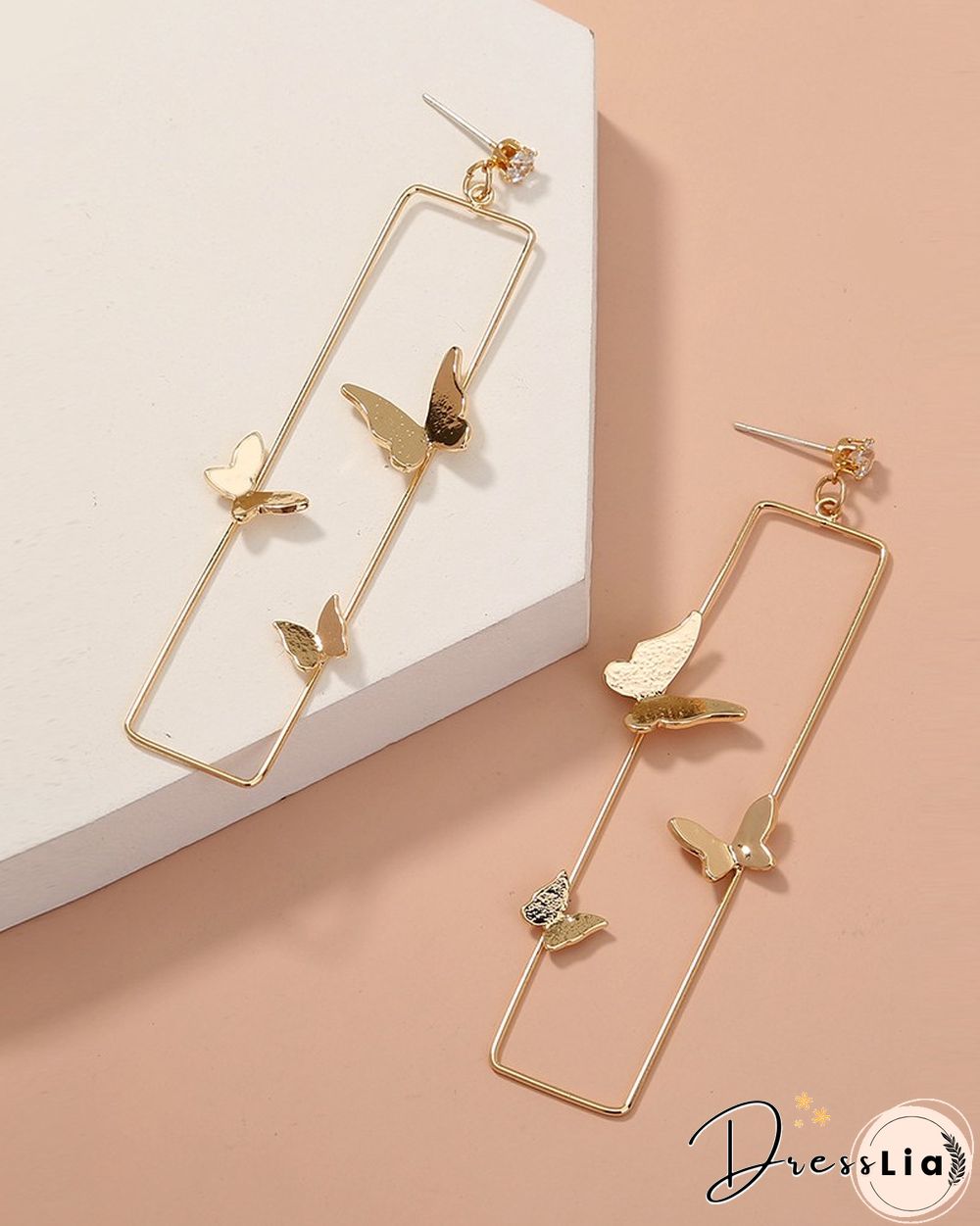 Rectangle Shaped Butterfly Pattern Drop Earrings