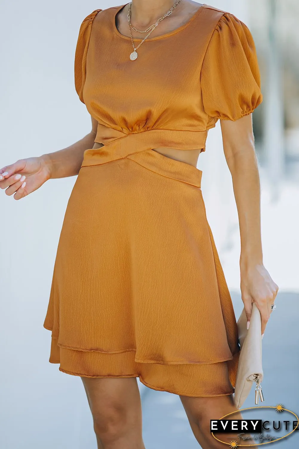 Yellow Crossover Waist Cut out Tie up Layered A line Dress