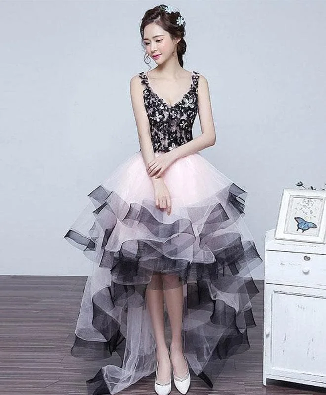 Cute V Neck High Low Tulle Prom Dress, Lace Evening Dress