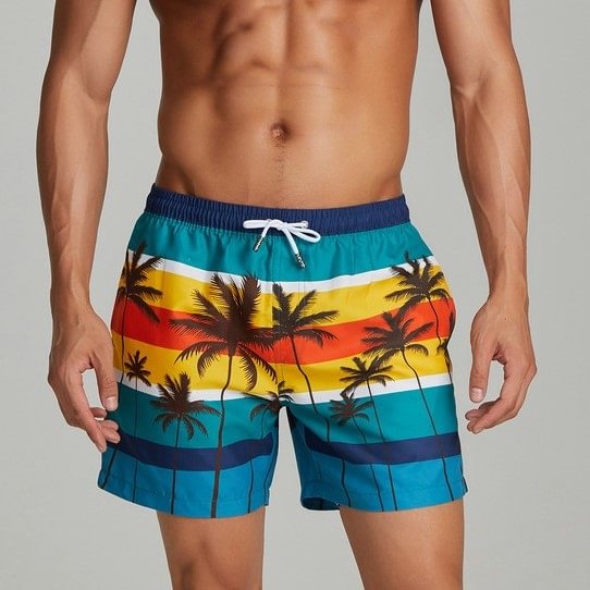 Men's Summer Coconut Tree Pattern Casual Beach Shorts-VESSFUL