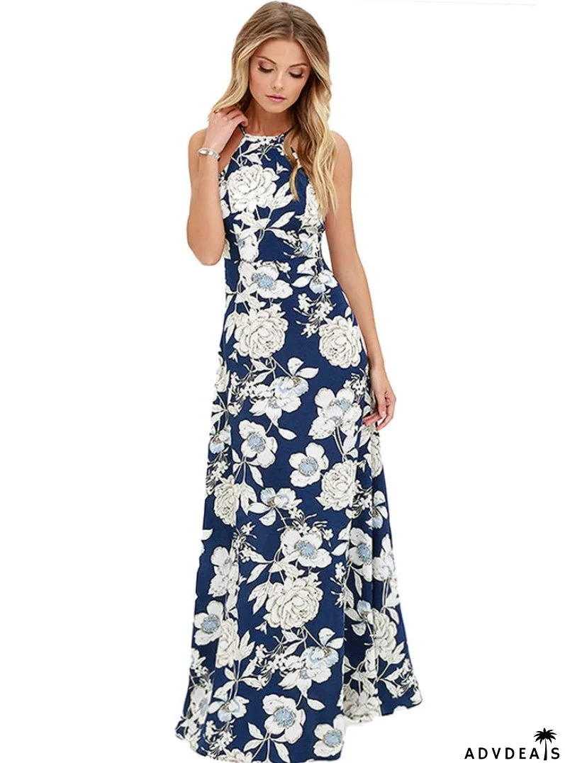 Floral Print Halter Neck Sleeveless Summer Dress