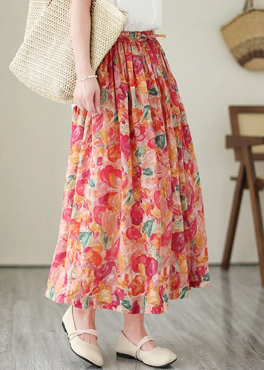 Boho Floral Wrinkled Pockets Elastic Waist Patchwork Linen Skirts Summer