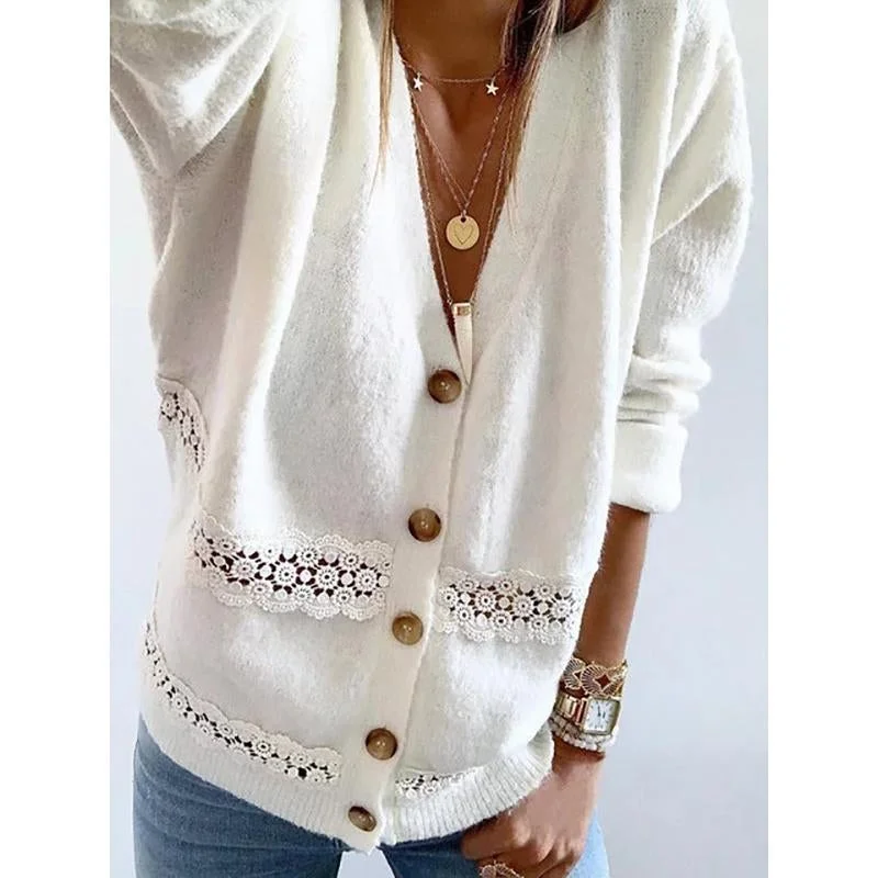 Women Buttoned Paneled V-Neck Casual Sweaters