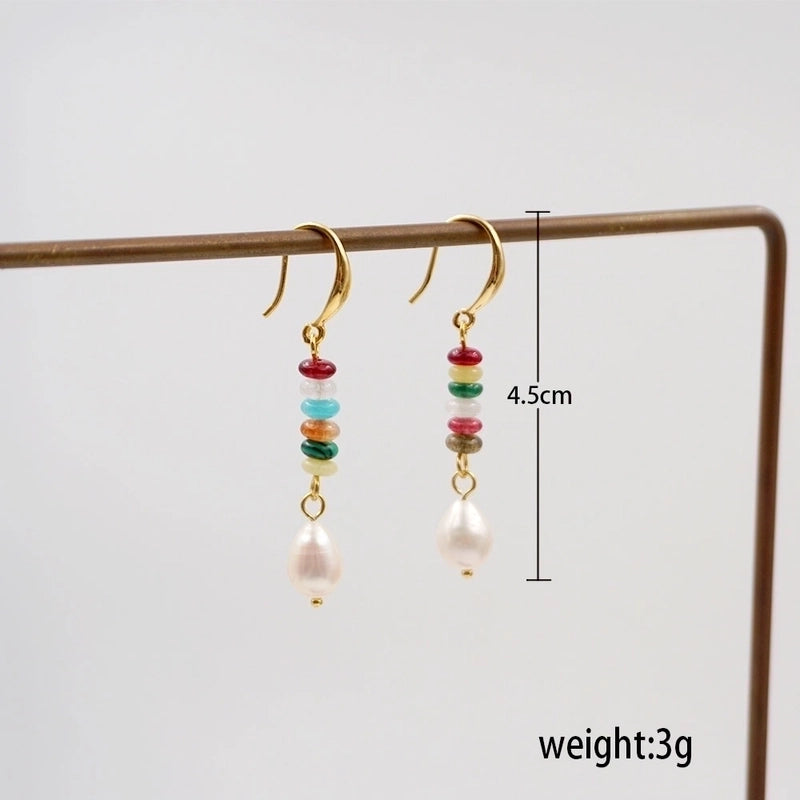 1 Pair Chinoiserie Casual Geometric Beaded Natural Stone Freshwater Pearl Copper Gold Plated Drop Earrings