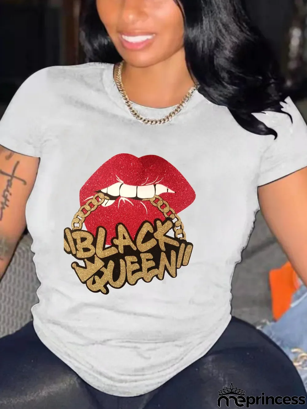 Women's Casual Style Short Sleeve Top Lip Print Fashion T-Shirt