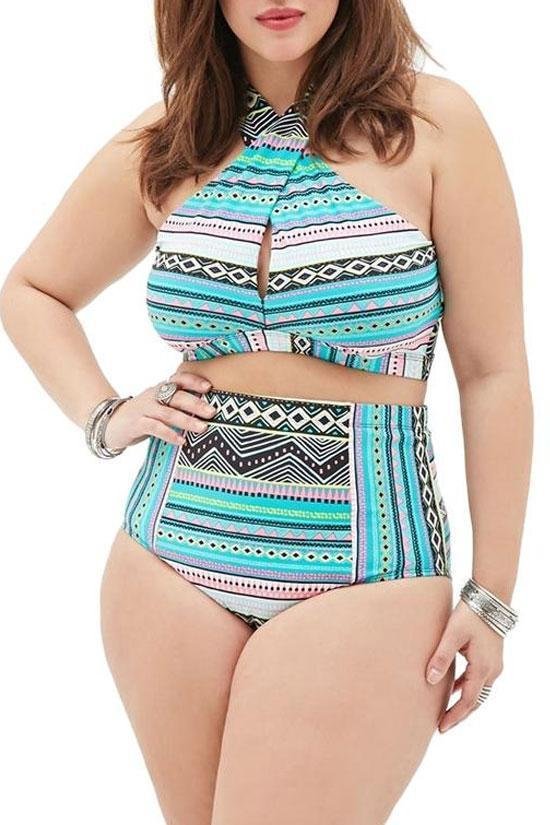 Plus Size Bohemian High Waisted Halter Bikini Swimsuit - Two Piece Set-elleschic