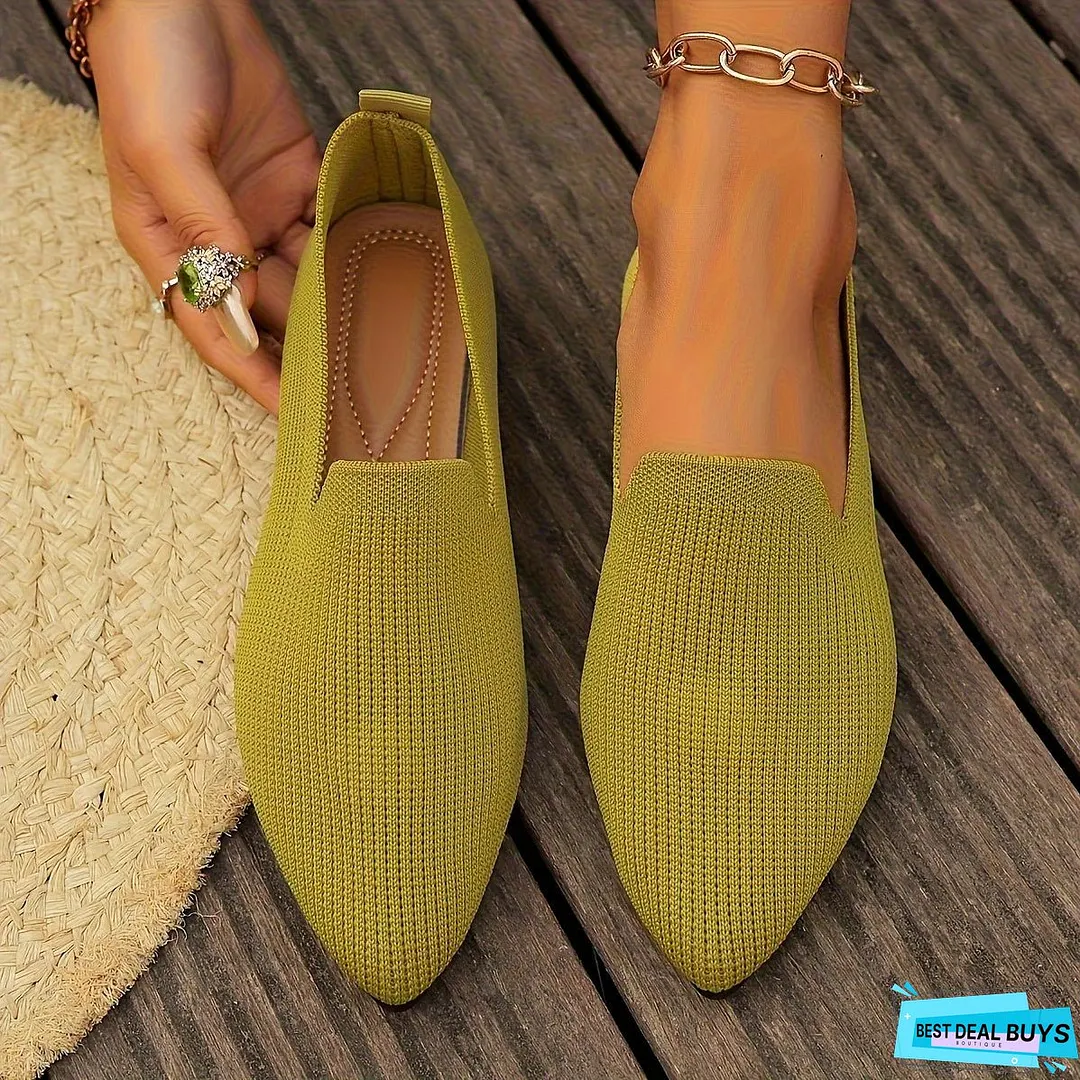 Cozy Womens Knitted Flat Shoes - Soft, Breathable, and Comfortable Slip-On Shoes with Pointed Toe, Rubber Sole, and Fabric Upper for Daily Wear