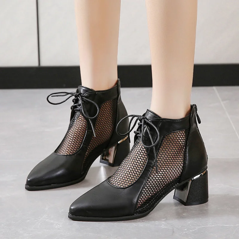 2022 Summer Sexy Black Ankle Boots For Women Mesh Breathable High Heels Botas De Mujer Pointed Toe Thick Heeled Sandals