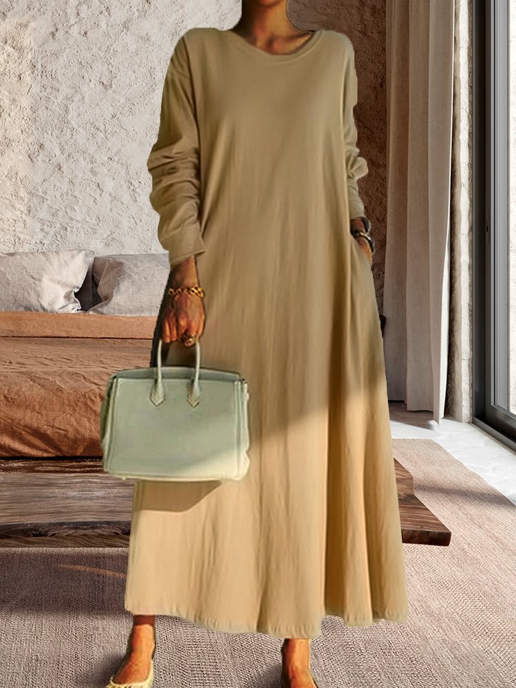 Patchwork Midi Dress Long Sleeve Crew Neck Dress