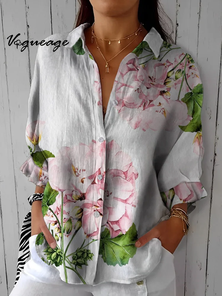 Generous Elegant And Versatile Flowers Printed Cotton And Linen Shirt