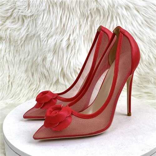 VCshoes Women Red Flower Mesh Hollow Pumps 12cm High Heel Pointed Toe Dress Party Dating Shoes BM054