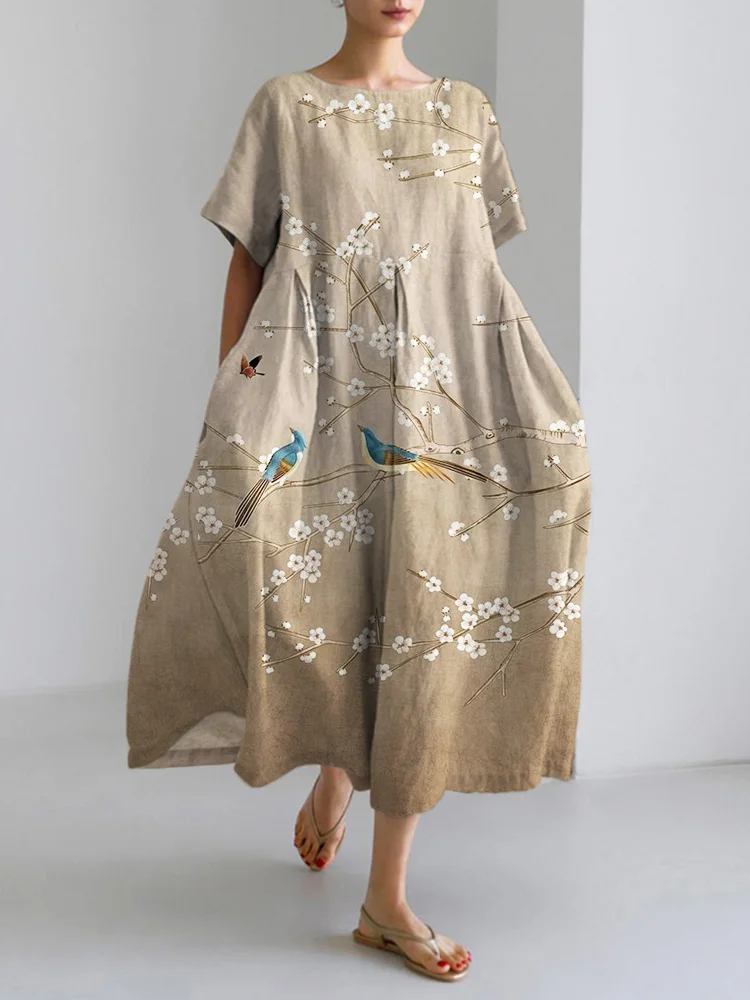 VChics Japanese Bird & Flower Print Maxi Dress