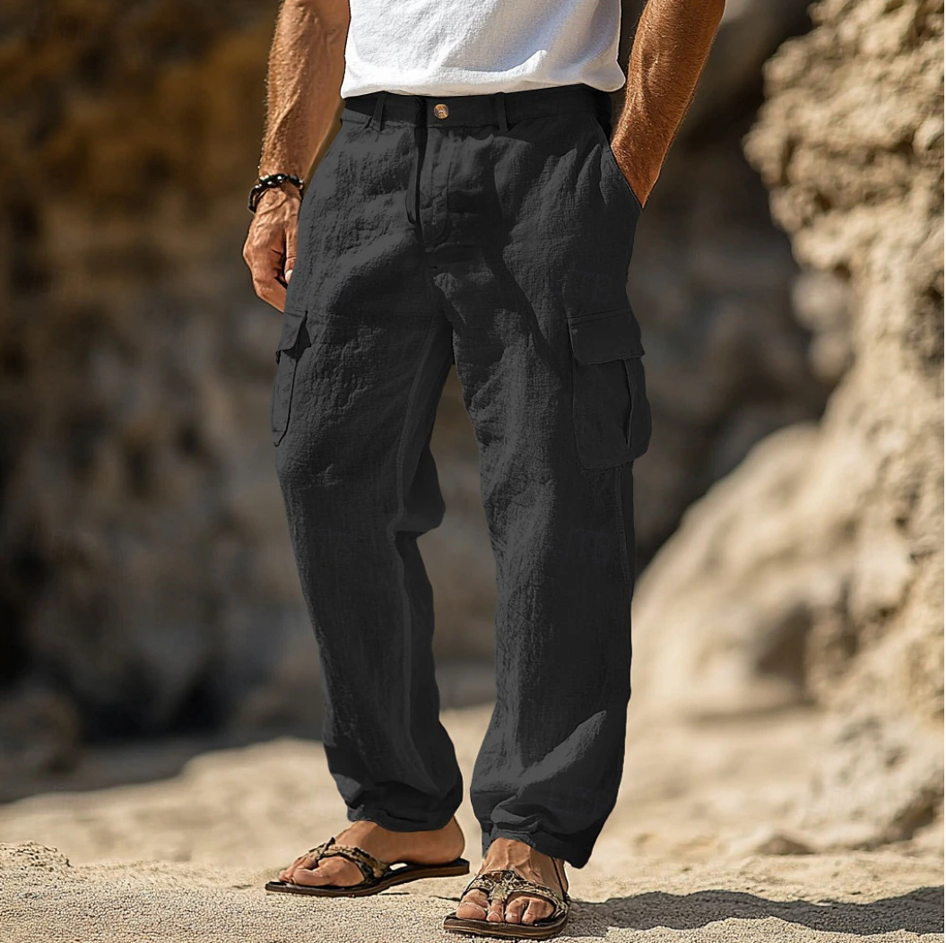 Men's Casual Vintage Cotton and Linen Trousers with Pockets