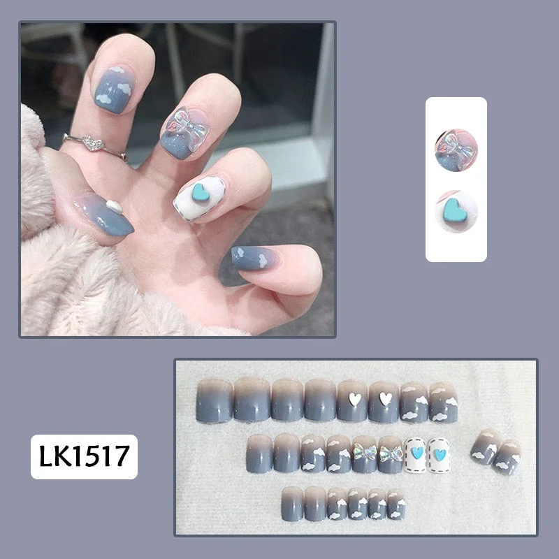 24pcs Butterfly Print Nails Patch Glue Type Long Paragraph Fashion Manicure Patch False Nails Save Time Nail Patch New SANA889-Nail Inspo