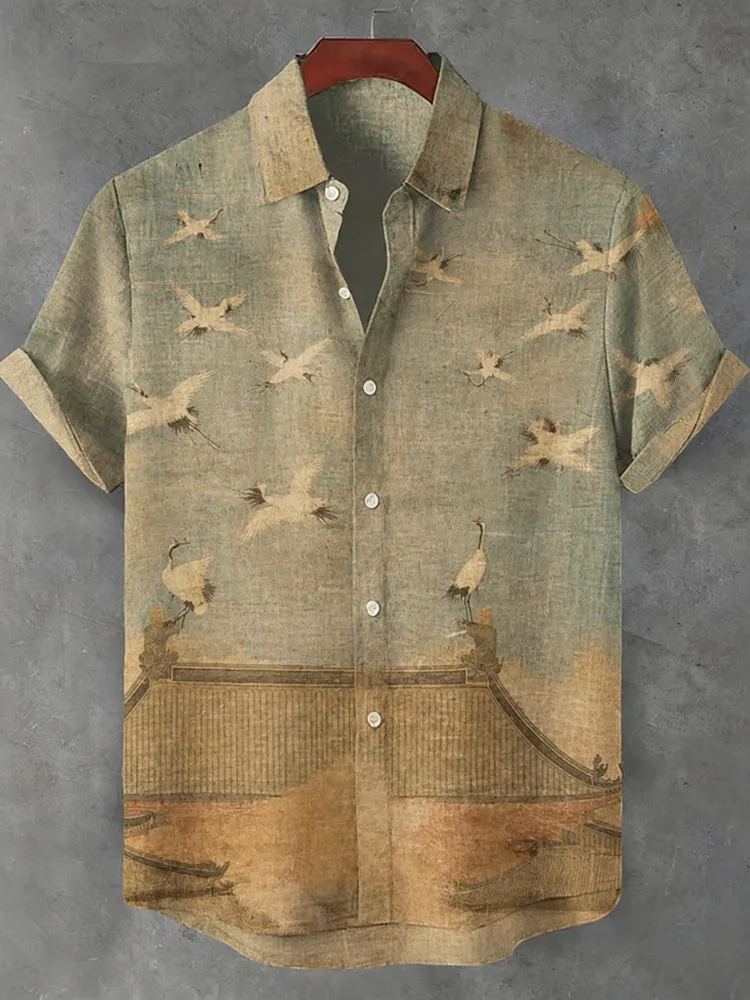Vintage Flying Crane Scroll Art Print Linen-cotton Blend Short-sleeved Shirt  artssus