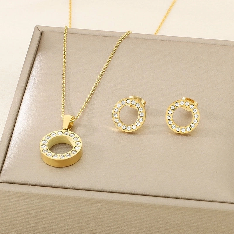 Minimalist Round 304 Stainless Steel Rhinestones 18K Gold Plated Plating Inlay Stainless Steel Jewelry Sets