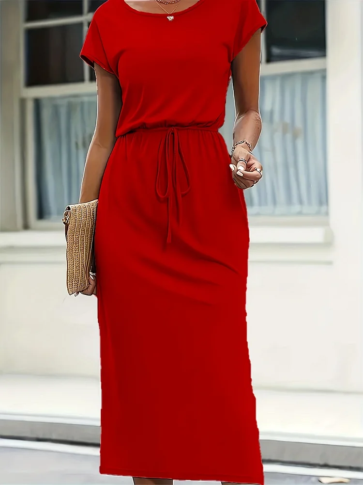 Elegant White Women's Fitted Midi Dress | Middle Eastern-Inspired Round Neck With Decorative Knot Detail, Machine Washable Lightweight Fabric For Spring Summer Fall, Casual To Semi-Formal Wear, Versatile Outfit, Easy Care