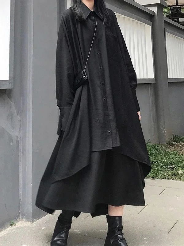 Chic lapel asymmetric cotton  for women black A Line shirt Dresses