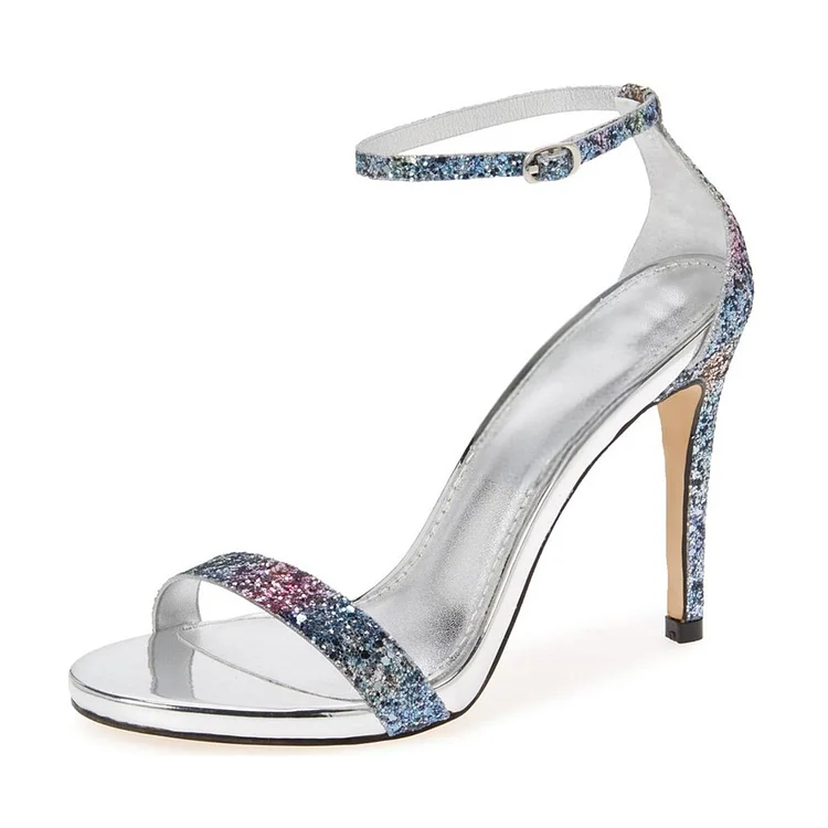 Light Blue Glitter Ankle Strap Sandals with Sparkly Heels. Vdcoo