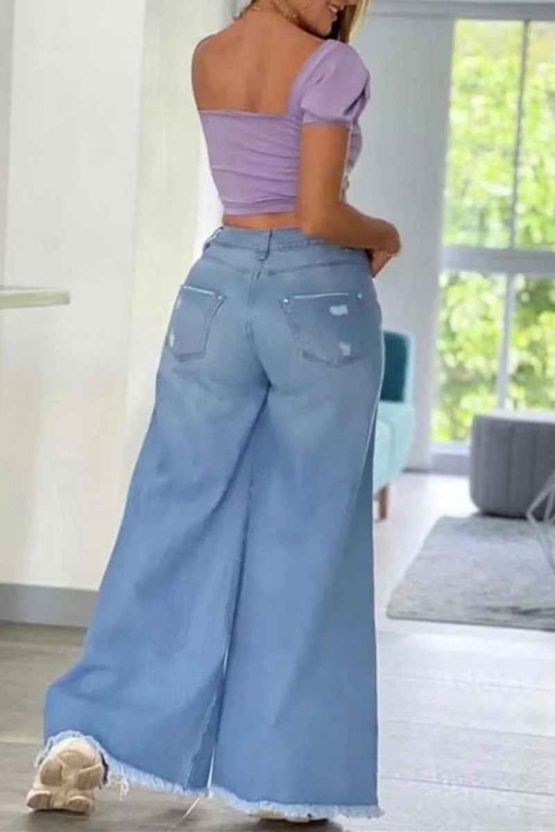 Fashion Casual Solid Ripped High Waist Regular Denim Jeans