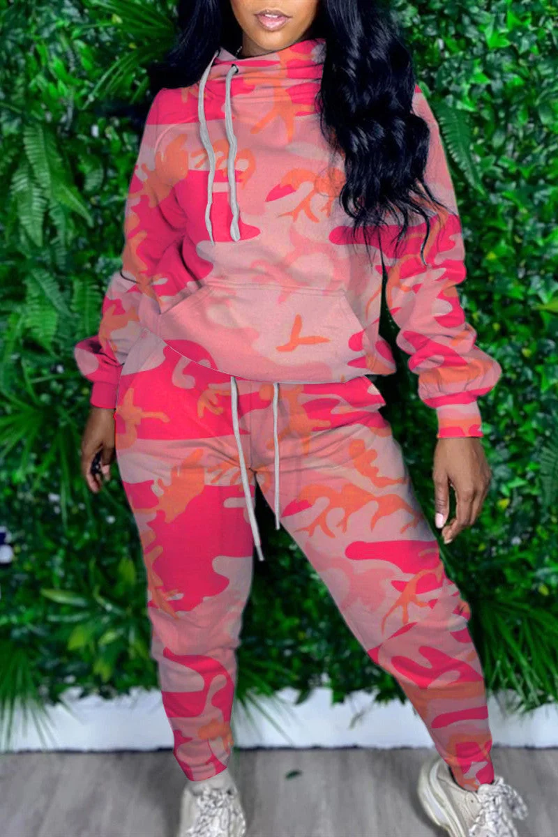 Fashion Sportswear Adult Polyester Print Camouflage Print Draw String Hooded Collar Long Sleeve Regular Sleeve Regular Two Pieces