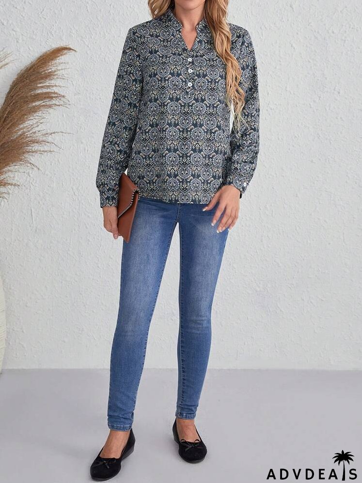 Allover Print Notched Neck Blouse